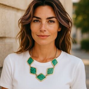 Diamond Shape Gold Tone Necklace With Cascading Deep Green tones.